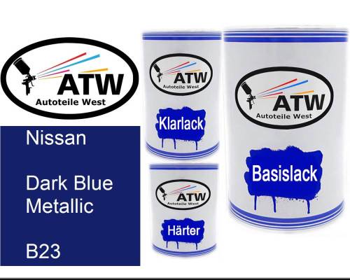 Nissan, Dark Blue Metallic, B23: 500ml Lackdose + 500ml Klarlack + 250ml Härter - Set, von ATW Autoteile West.